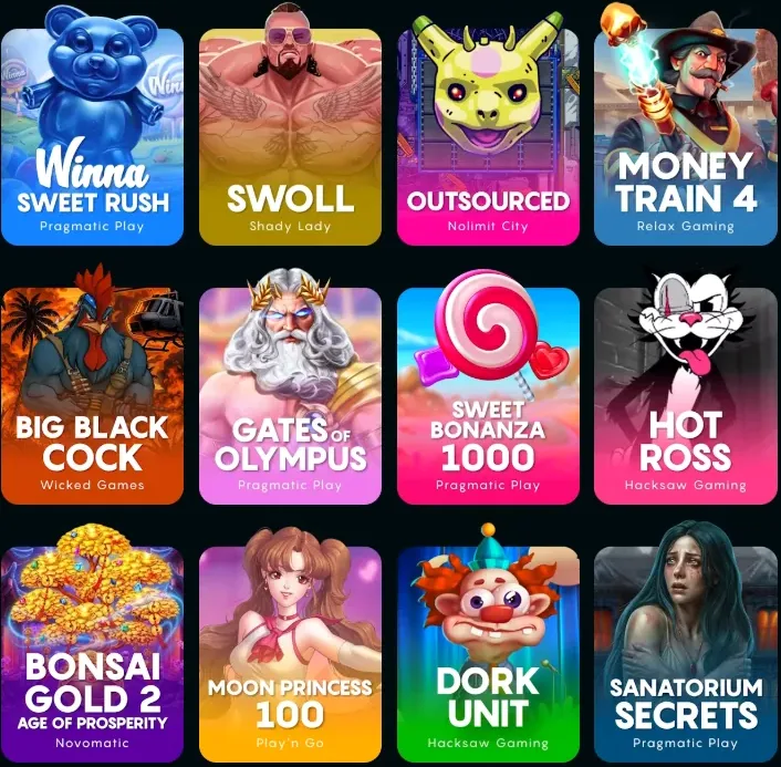 Grid of slot game thumbnails from top studios